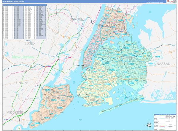 New York 5 Boroughs Metro Area Wall Map Color Cast Style